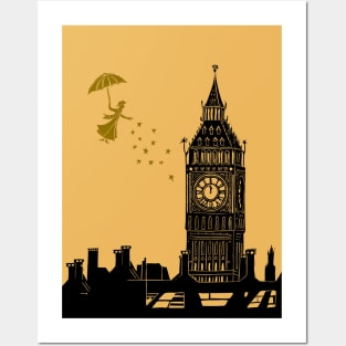 Mary Poppins and Big Ben Linocut in black and yellow Posters and Art